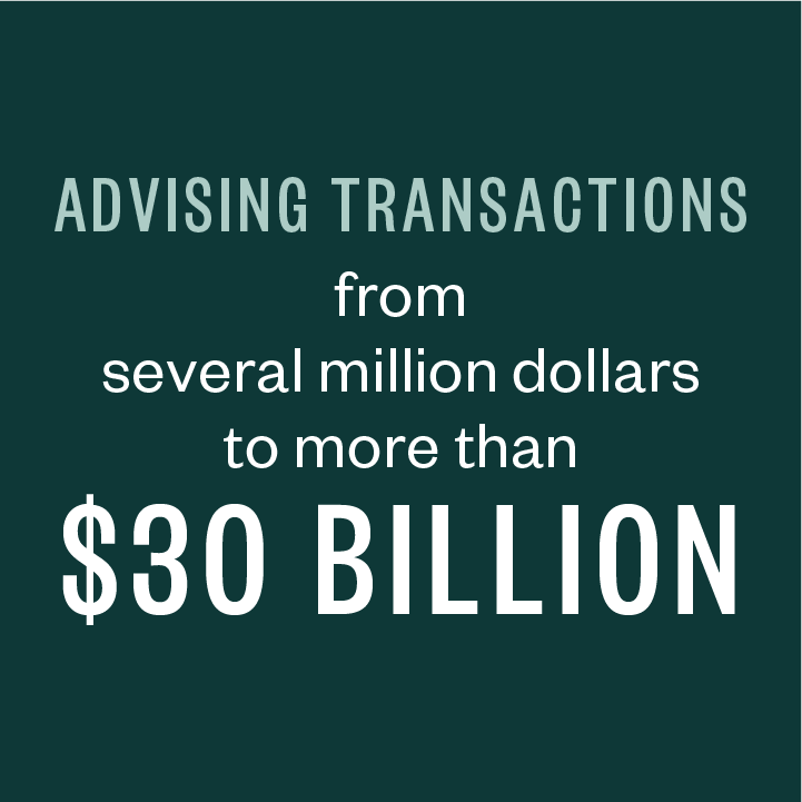 Advising transactions from several million dollars to more than $30 billion