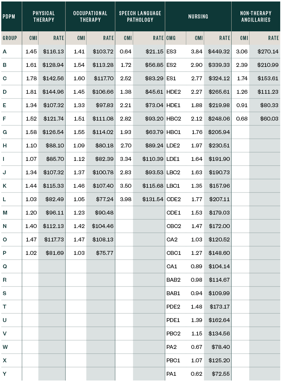 Payments for physical therapy, occupational therapy, speech language pathology, nursing, and non-therapy ancillaries, divided by groups A through Y.