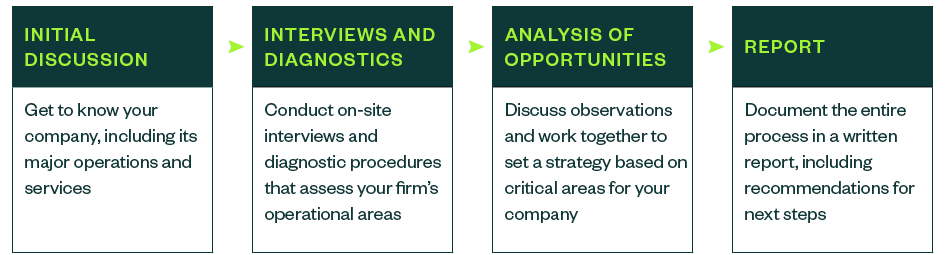 Timeline of the engagement approach from initial discussion to interviews and diagnostics to analysis of opportunities to the report