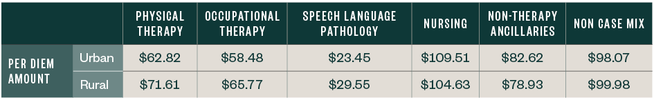 Payments for physical therapy, occupational therapy, speech language pathology, nursing, non-therapy ancillaries, and non case mix, in urban and rural areas.
