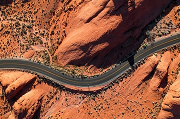 bird's eye view of road through desert