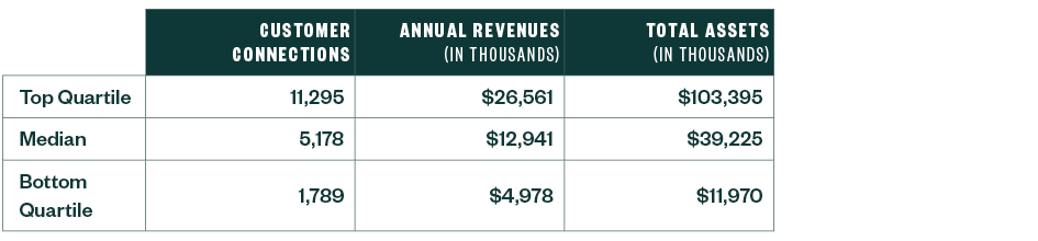 Chart of customer connections, annua revenues and total assets broken up by quartile