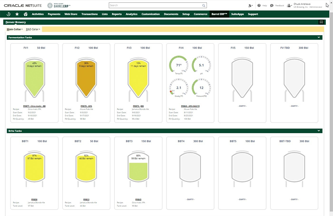 Barrel ERP's visual representation of fermentation and brite tanks. 