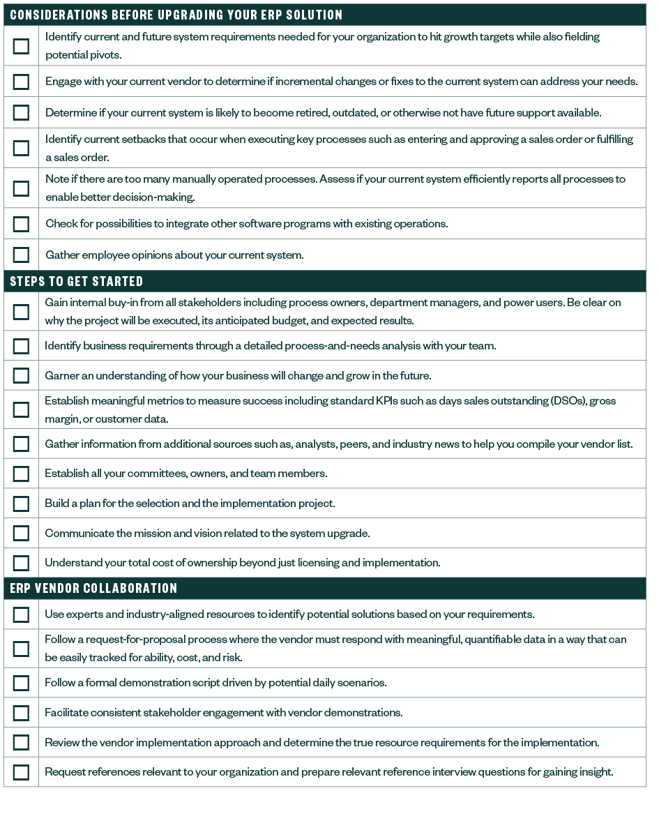 sample checklist for ERP solution upgrade broken out into sections
