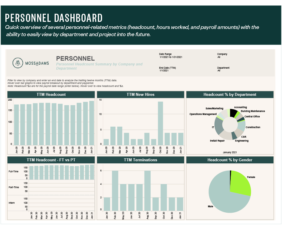 Personnel Dashboard - quick overview of several personnel-related metrics (headcount, hours worked and payroll amounts) with the abilit to easily view by department and project into the future.