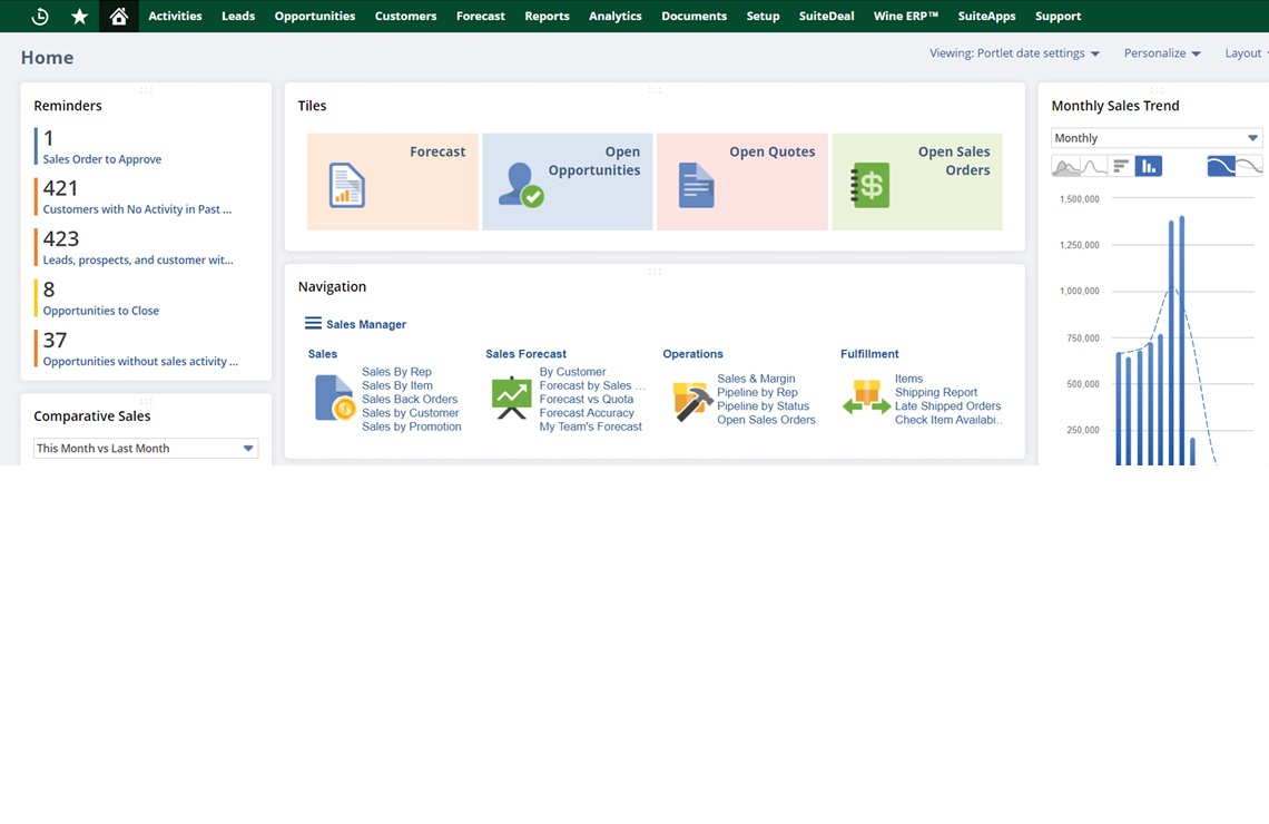 Winery Sales Manager View: Quickly open new orders, view stock status, track shipments, and view key metrics. 